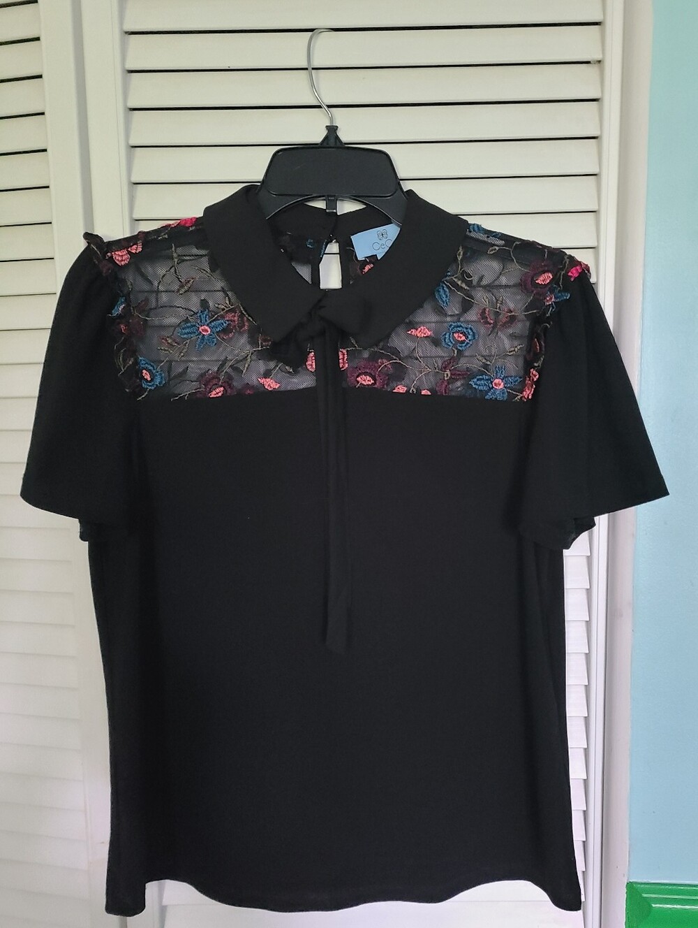 CeCe Black Top with Pink & Blue Floral Embroidery